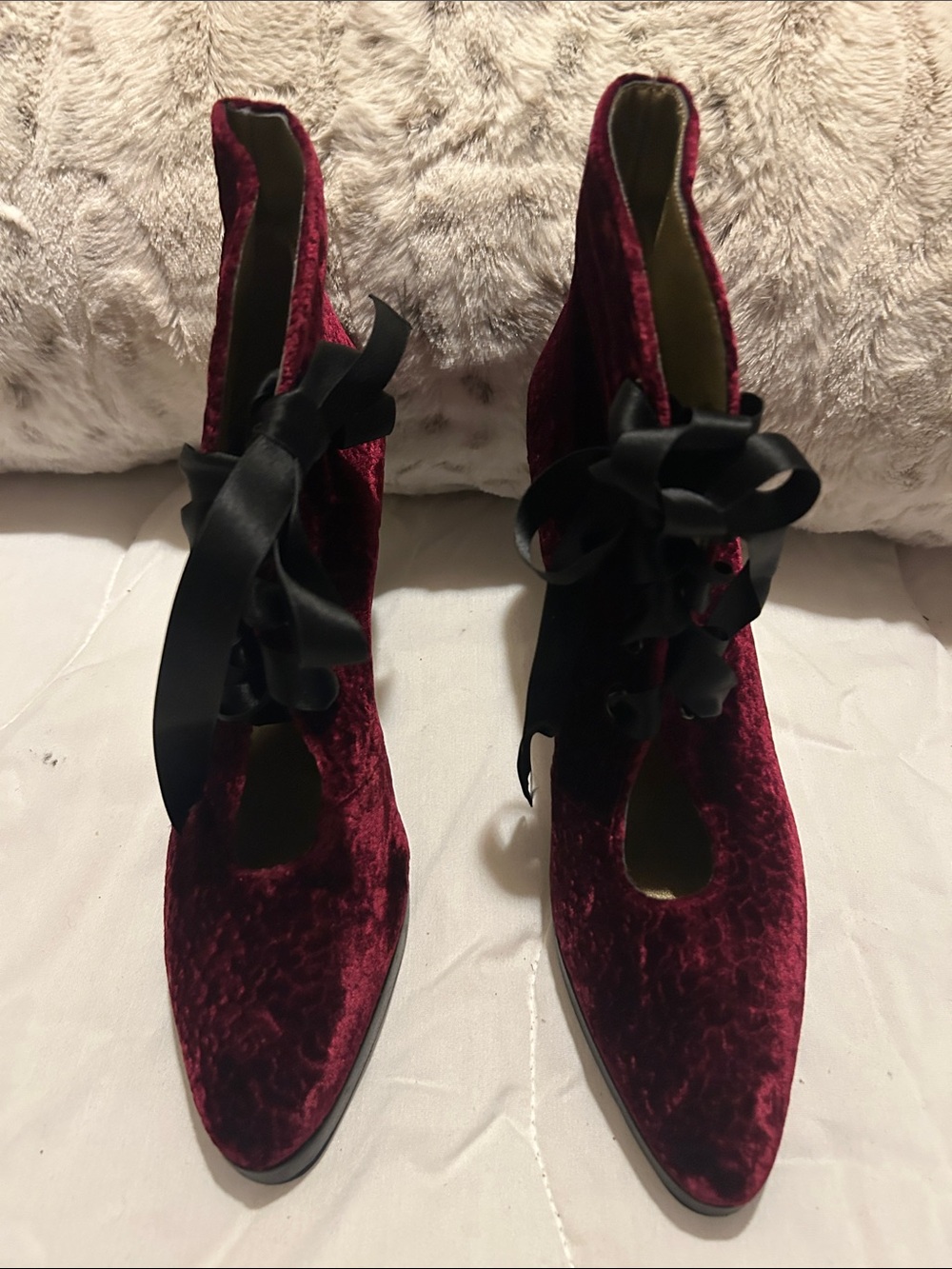 YSL Velvet Burgundy Ribbon Lace-Up Women's Ankle Boots